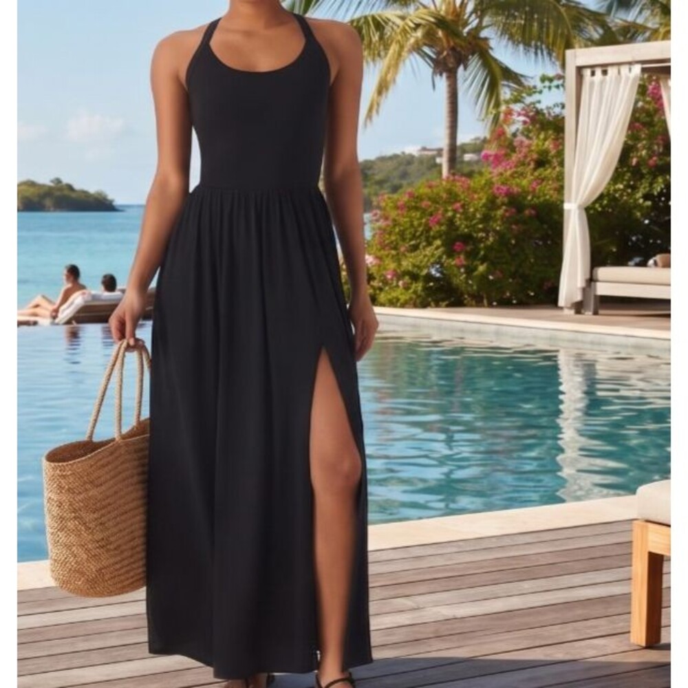 Halara Black Soft Stretchy Twisted Backless Side Pocket Maxi Dress Size Large